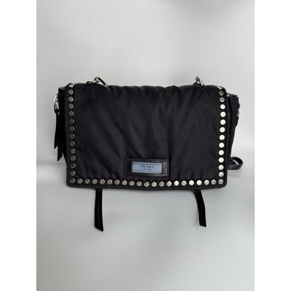 Prada Tessuto Etiquette Bag Nylon Leather Studded Crossbody Shoulder Flap - Picture 2 of 16